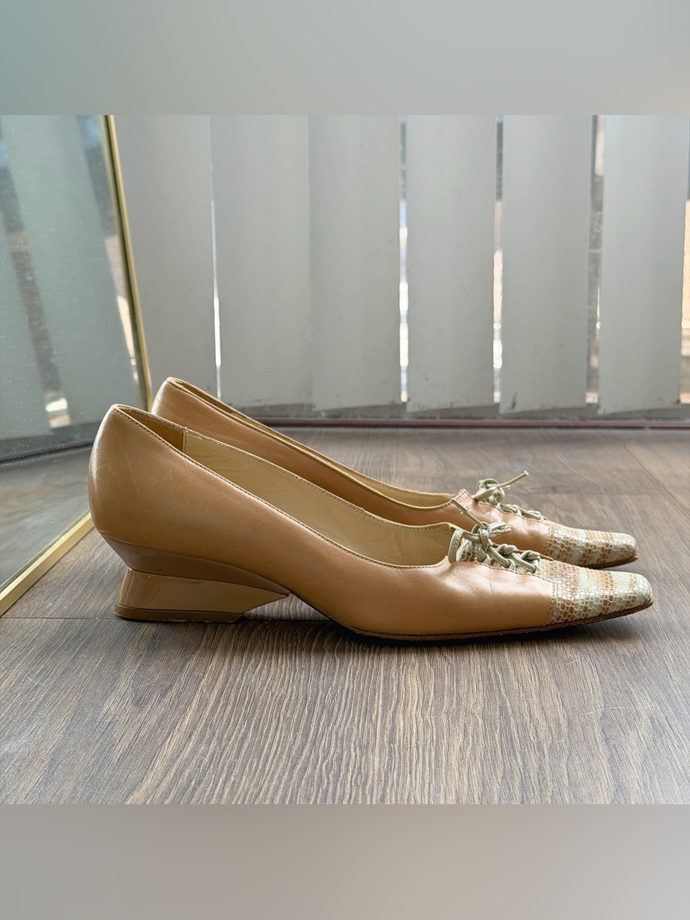 Low Wedge Heel Pumps with Tweed Toe and Bow